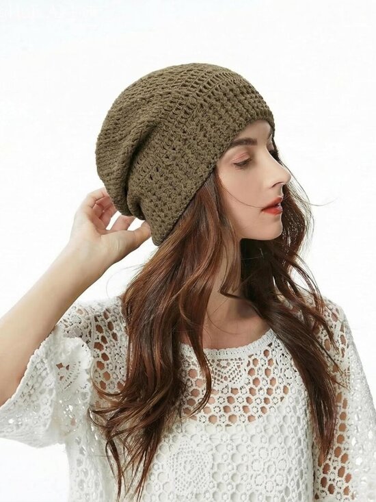 Women\'s Cotton Crochet Slouchy Beanie Hat Handmade Knit Summer Skull Cap Khaki main image 5